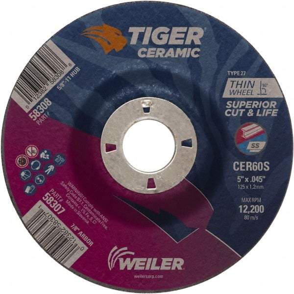 Weiler - 60 Grit, 5" Wheel Diam, 7/8" Arbor Hole, Type 27 Depressed Center Wheel - Medium Grade, Ceramic, S Hardness, 12,200 Max RPM - Apex Tool & Supply