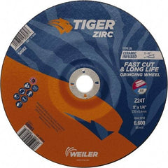 Weiler - 24 Grit, 9" Wheel Diam, 7/8" Arbor Hole, Type 28 Depressed Center Wheel - Hard Grade, Zirconia Alumina, T Hardness, 6,600 Max RPM - Apex Tool & Supply