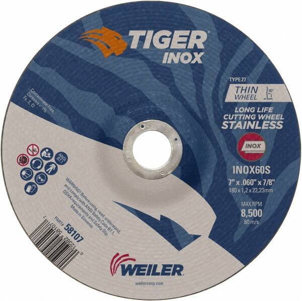 Weiler - 60 Grit, 7" Wheel Diam, 7/8" Arbor Hole, Type 27 Depressed Center Wheel - Medium Grade, Aluminum Oxide, S Hardness, 8,500 Max RPM - Apex Tool & Supply