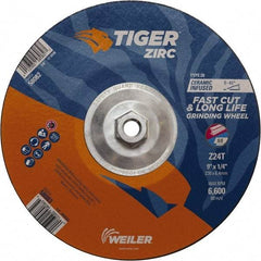 Weiler - 24 Grit, 9" Wheel Diam, Type 28 Depressed Center Wheel - Hard Grade, Zirconia Alumina, T Hardness, 6,600 Max RPM - Apex Tool & Supply