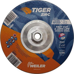 Weiler - 24 Grit, 7" Wheel Diam, Type 28 Depressed Center Wheel - Hard Grade, Zirconia Alumina, T Hardness, 8,500 Max RPM - Apex Tool & Supply