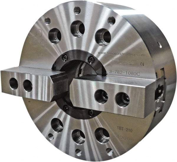 TMX - 2 Jaws, 6" Chuck Diam, Plain Back Mount, 1.811" Through Hole, Drawtube, Hydraulic Power Lathe Chuck - 0.5118" to 6.6535" Jaw Capacity, 6,000 RPM - Apex Tool & Supply