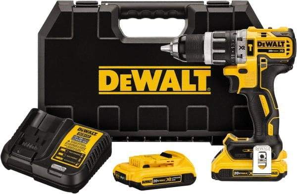 DeWALT - 20 Volt 1/2" Metal Single Sleeve w Carbide Jaws Ratcheting Chuck Chuck Cordless Hammer Drill - 0 to 34,000 BPM, 0 to 500 & 0 to 2,000 RPM, Reversible, Mid-Handle - Apex Tool & Supply