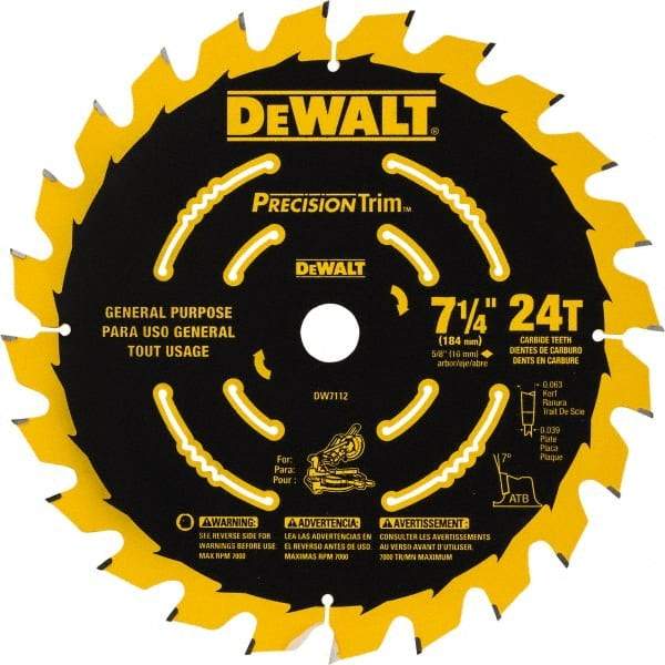 DeWALT - 7-1/4" Diam, 5/8" Arbor Hole Diam, 24 Tooth Wet & Dry Cut Saw Blade - Tungsten Carbide-Tipped, Smooth Action, Standard Round Arbor - Apex Tool & Supply