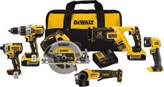 DeWALT - 20 Volt Cordless Tool Combination Kit - Includes 1/2" Brushless Hammerdrill, 1/4" Brushless Impact Driver, Brushless Reciprocating Saw, 7-1/2" Brushless Circular Saw, Cut-Off Tool/Grinder & LED Worklight, Lithium-Ion Battery Included - Apex Tool & Supply