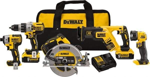 DeWALT - 20 Volt Cordless Tool Combination Kit - Includes 1/2" Brushless Hammerdrill, 1/4" Brushless Impact Driver, Brushless Reciprocating Saw, 7-1/2" Brushless Circular Saw & LED Worklight, Lithium-Ion Battery Included - Apex Tool & Supply