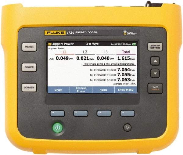 Fluke - 3 Phase, 1,000 VAC, 0.20 to 6,000 Amp Capability, 3.5 to 42.5 Hz Calibration, LCD Display Power Meter - 0.5 Current Accuracy, 0.5 Voltage Accuracy - Apex Tool & Supply