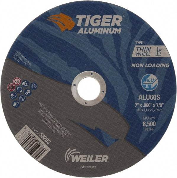 Weiler - 7" 60 Grit Aluminum Oxide/Silicon Carbide Blend Cutoff Wheel - 0.06" Thick, 7/8" Arbor, 8,500 Max RPM, Use with Angle Grinders - Apex Tool & Supply