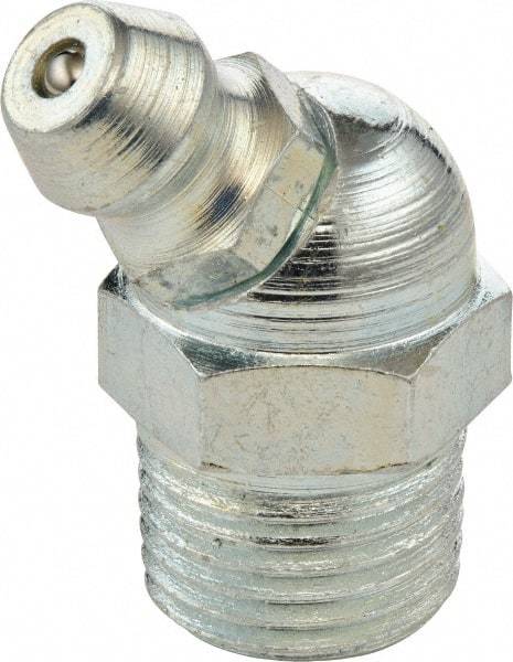 Umeta - 45° Head Angle, 3/8-19 BSPT Steel Standard Grease Fitting - 17mm Hex, 25.5mm Overall Height, 7mm Shank Length, Zinc Plated Finish - Apex Tool & Supply