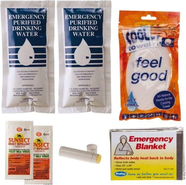 PRO-SAFE - Emergency Preparedness Kits Type: Cool Down Emergency Kit Contents: (2) Emergency Drinking Water Packets; (2) Sunscreen + Insect Repellant Cream; Cooling Towel; Emergency Mylar Blanket; Lip Balm - Apex Tool & Supply