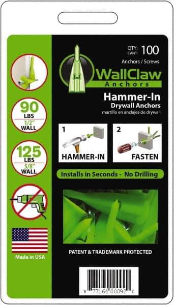 WallClaw Anchors - #8 Screw, 1/2" Diam, 2" Long, 1/4" Thick, Hammer-In Drywall & Hollow Wall Anchor - Nylon, Use with Drywall & Hollow Wall - Apex Tool & Supply