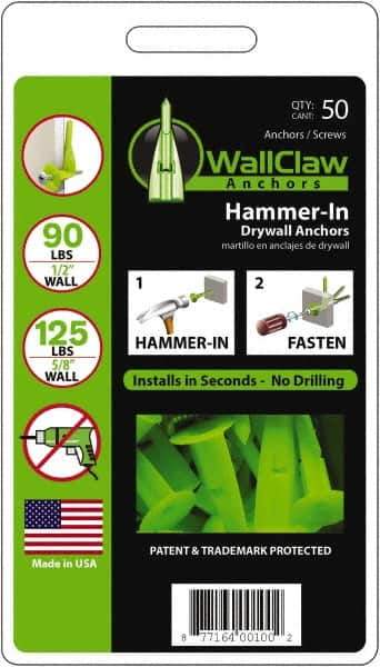 WallClaw Anchors - #8 Screw, 1/2" Diam, 2" Long, 1/4" Thick, Hammer-In Drywall & Hollow Wall Anchor - Nylon, Use with Drywall & Hollow Wall - Apex Tool & Supply