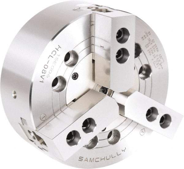 Samchully - 3 Jaw, 304mm Chuck Diam, Plain Back Mount, 0mm Through Hole Diam, Drawbar Hydraulic Power Lathe Chuck - 1.5mm x 60° Serrated Jaw Interface, 2,500 RPM, Steel Body - Apex Tool & Supply