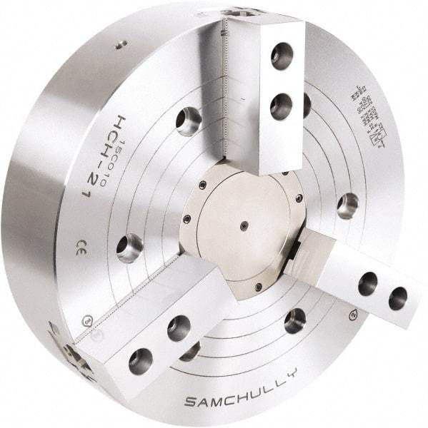 Samchully - 3 Jaw, 800mm Chuck Diam, Plain Back Mount, 240mm Through Hole Diam, Drawtube Hydraulic Power Lathe Chuck - 3mm x 60° Serrated Jaw Interface, 1,200 RPM, Steel Body - Apex Tool & Supply