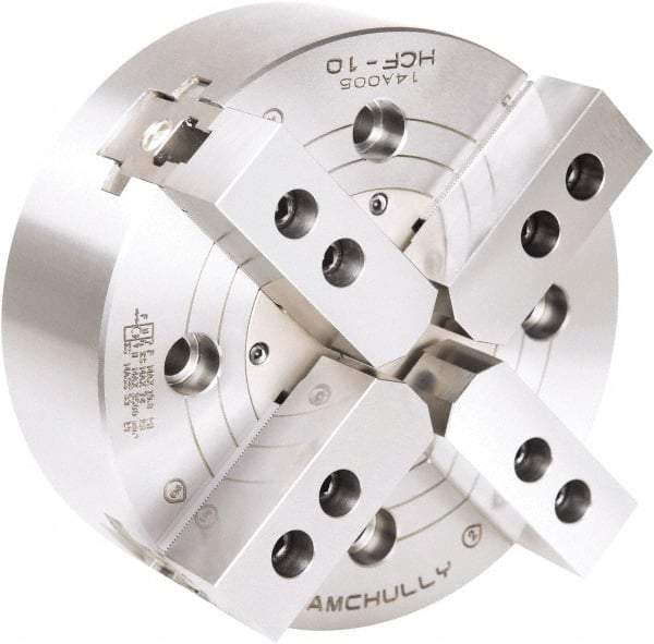 Samchully - 4 Jaw, 610mm Chuck Diam, Plain Back Mount, 0mm Through Hole Diam, Drawbar Hydraulic Power Lathe Chuck - 3mm x 60° Serrated Jaw Interface, 1,500 RPM, Steel Body - Apex Tool & Supply