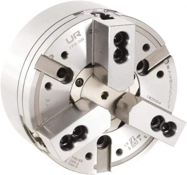 Samchully - 3 Jaw, 175mm Chuck Diam, Plain Back Mount, 56mm Through Hole Diam, Drawtube Hydraulic Power Lathe Chuck - 1/16" x 90° Serrated Jaw Interface, 6,000 RPM, Steel Body - Apex Tool & Supply