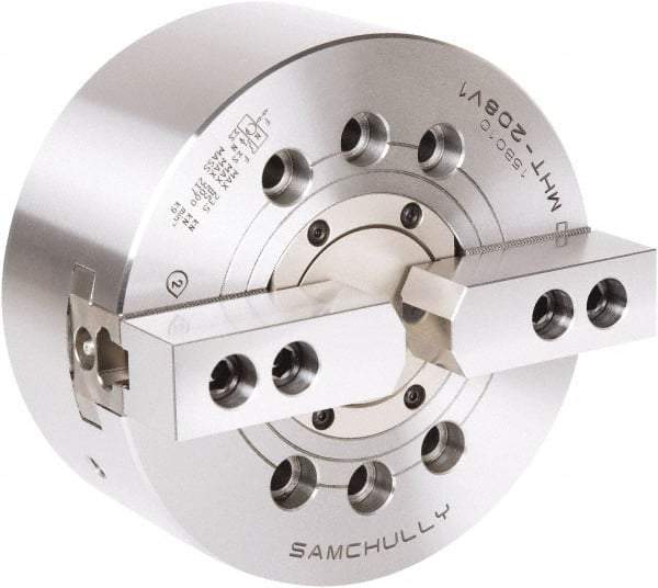Samchully - 2 Jaw, 175mm Chuck Diam, Plain Back Mount, 52mm Through Hole Diam, Drawtube Hydraulic Power Lathe Chuck - 1.5mm x 60° Serrated Jaw Interface, 6,000 RPM, Steel Body - Apex Tool & Supply