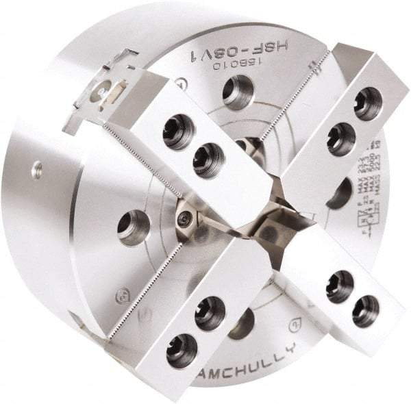 Samchully - 4 Jaw, 254mm Chuck Diam, Plain Back Mount, 77mm Through Hole Diam, Drawtube Hydraulic Power Lathe Chuck - 1.5mm x 60° Serrated Jaw Interface, 4,200 RPM, Steel Body - Apex Tool & Supply