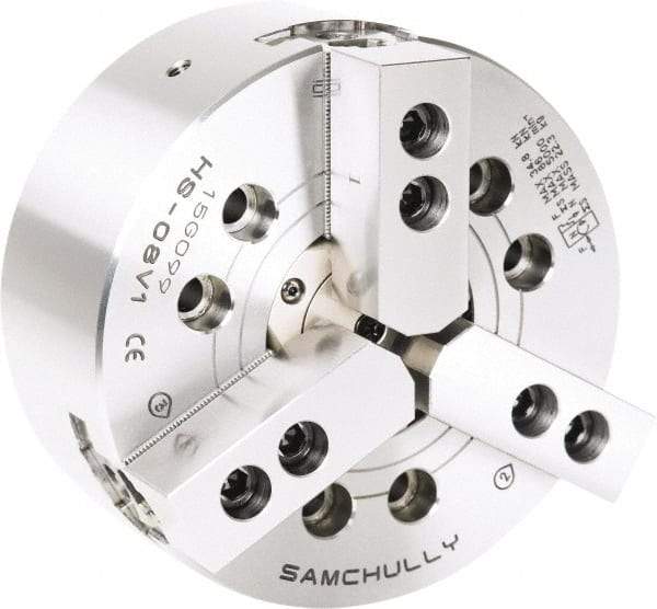 Samchully - 3 Jaw, 254mm Chuck Diam, Plain Back Mount, 77mm Through Hole Diam, Drawtube Hydraulic Power Lathe Chuck - 1.5mm x 60° Serrated Jaw Interface, 4,200 RPM, Steel Body - Apex Tool & Supply