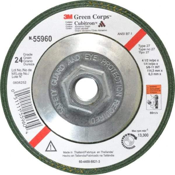 3M - 24 Grit, 4-1/2" Wheel Diam, 1/4" Wheel Thickness, Type 27 Depressed Center Wheel - Ceramic, 13,300 Max RPM, Compatible with Angle Grinder - Apex Tool & Supply