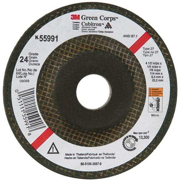 3M - 24 Grit, 4-1/2" Wheel Diam, 1/4" Wheel Thickness, 7/8" Arbor Hole, Type 27 Depressed Center Wheel - Ceramic, 13,300 Max RPM, Compatible with Angle Grinder - Apex Tool & Supply