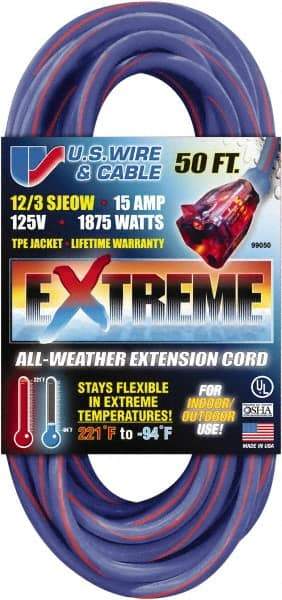 Value Collection - 50', 12/3 Gauge/Conductors, Blue/Pink Indoor & Outdoor Extension Cord - 1 Receptacle, 15 Amps, 125 Volts, UL SJEOW, NEMA 5-15P - Apex Tool & Supply