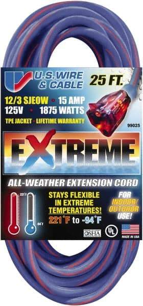 Value Collection - 25', 12/3 Gauge/Conductors, Blue/Pink Indoor & Outdoor Extension Cord - 1 Receptacle, 15 Amps, 125 Volts, UL SJEOW, NEMA 5-15P - Apex Tool & Supply