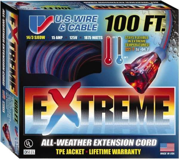 Value Collection - 100', 14/3 Gauge/Conductors, Blue/Pink Indoor & Outdoor Extension Cord - 1 Receptacle, 13 Amps, 125 Volts, UL SJEOW, NEMA 5-15P - Apex Tool & Supply