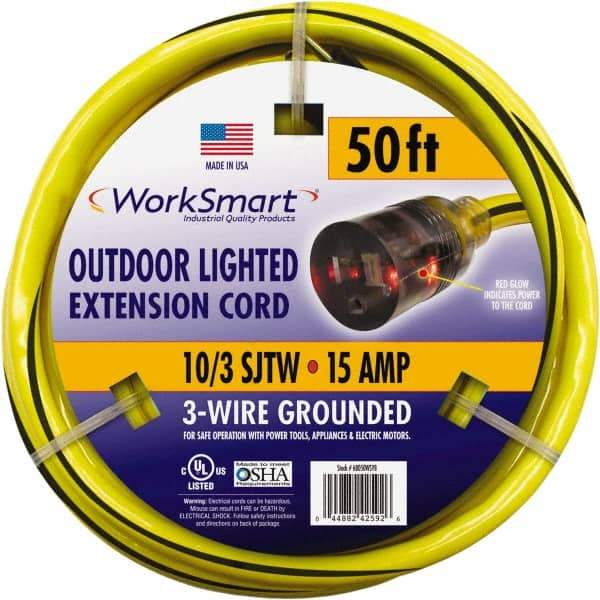 Value Collection - 50', 10/3 Gauge/Conductors, Yellow/Black Outdoor Extension Cord - 1 Receptacle, 15 Amps, UL SJTW, NEMA 5-15P - Apex Tool & Supply