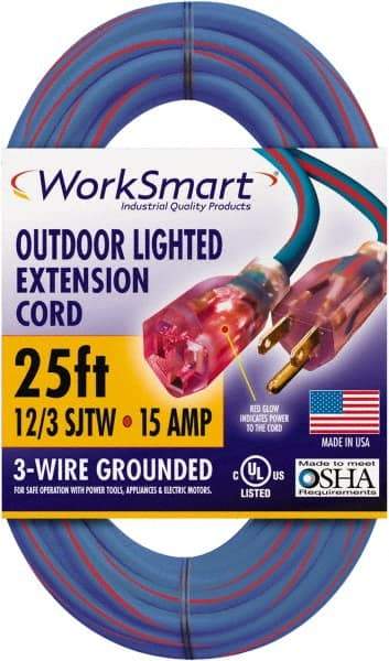Value Collection - 25', 12/3 Gauge/Conductors, Blue/Red Outdoor Extension Cord - 1 Receptacle, 15 Amps, UL SJTW, NEMA 5-15P - Apex Tool & Supply
