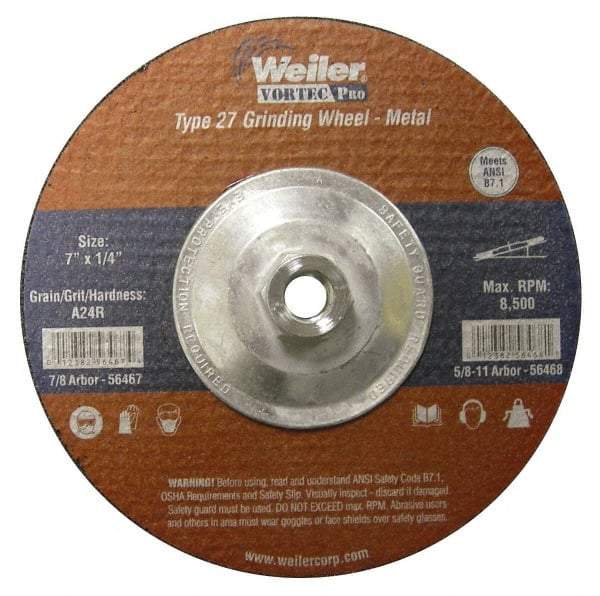 Weiler - 24 Grit, 7" Wheel Diam, 1/4" Wheel Thickness, Type 27 Depressed Center Wheel - Very Coarse Grade, Aluminum Oxide, Resinoid Bond, R Hardness, 8,500 Max RPM - Apex Tool & Supply