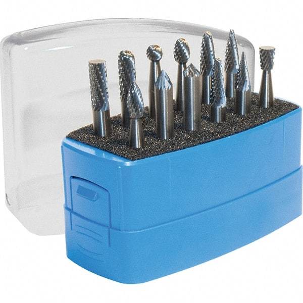 Made in USA - 8 Piece, 1/4" Shank Burr Set - Multiple Head Shapes, Solid Carbide - Apex Tool & Supply