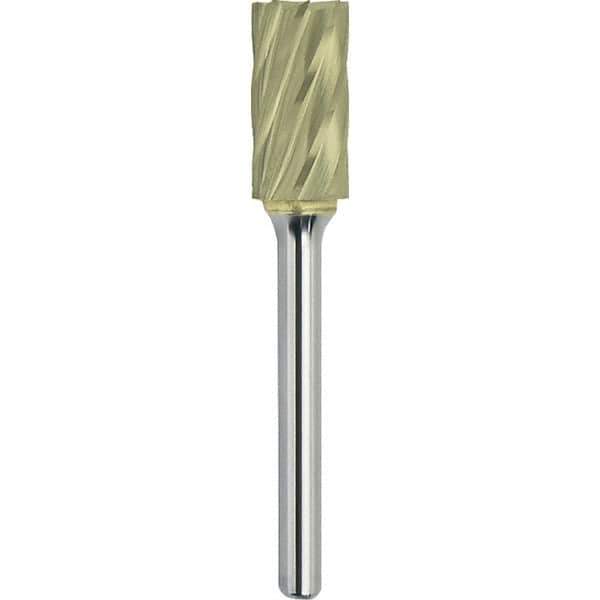 Made in USA - 1/4" Cut Diam, 1/8" Shank Diam, Cylinder with End Cut Head Aluma Cut Burr - Carbide, 3/16" LOC, 2-15/16" OAL - Apex Tool & Supply