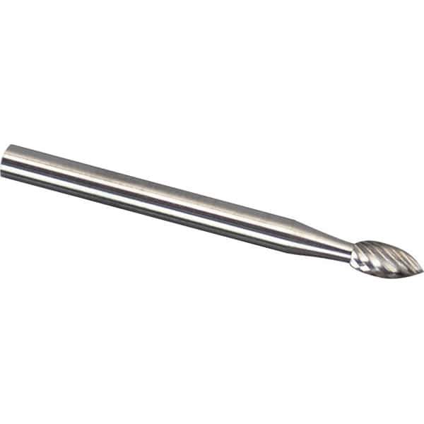 Made in USA - 1/4" Cut Diam, 1/4" Shank Diam, Flame Head Double Cut Burr - Carbide, Radius End, 3/8" LOC, 2" OAL - Apex Tool & Supply