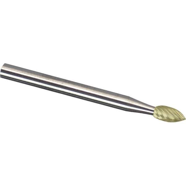 Made in USA - 1/4" Cut Diam, 1/4" Shank Diam, Flame Head Single Cut Burr - Carbide, 1/2" LOC, 2" OAL - Apex Tool & Supply