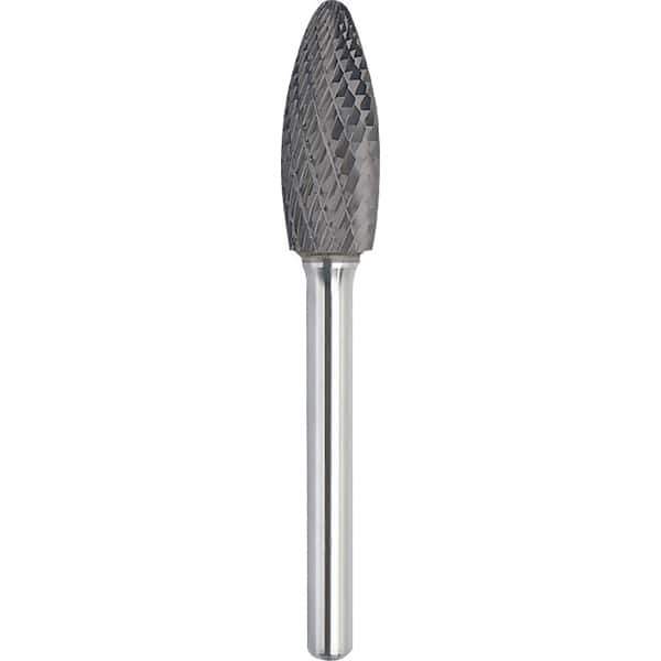 Made in USA - 1/4" Cut Diam, 1/4" Shank Diam, Flame Head Double Cut Burr - Carbide, 1/2" LOC, 2" OAL - Apex Tool & Supply