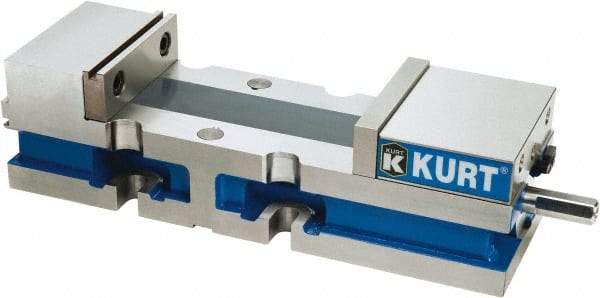 Kurt - 4" Jaw Width, 6" Jaw Opening Capacity, Horizontal Stationary Machine Vise - Manual Operation, 7,500 Lb Capacity, 1 Station, 14.16" Long x 3.4900" High x 1-15/64" Deep, 1.235" Jaw Height, Ductile Iron - Apex Tool & Supply