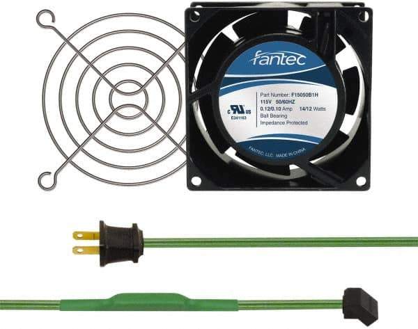 Made in USA - 115 Volts, AC, 31 CFM, Square Tube Axial Fan Kit - 0.18 Amp Rating, 3.15" High x 3" Wide x 38.5mm Deep, Includes Fan, Fan Guard, Thermostatically Controlled Fan Cord - Apex Tool & Supply