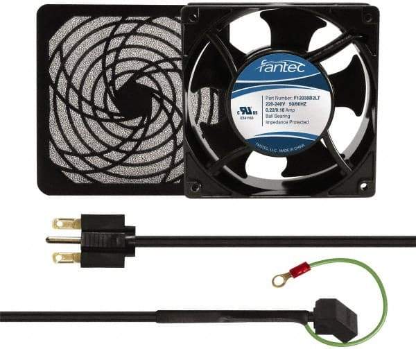 Made in USA - 230 Volts, AC, 80 CFM, Square Tube Axial Fan Kit - 0.07/0.06 Amp Rating, 120mm High x 120mm Wide x 38.5mm Deep, Includes Fan, Fan Guard, Fan Cord - Apex Tool & Supply
