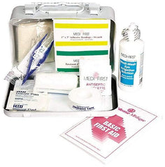 Medique - 52 Piece, 5 Person, Multipurpose/Auto/Travel First Aid Kit - 7-3/4" Wide x 2-3/4" Deep x 4-3/4" High, Metal Case - Apex Tool & Supply