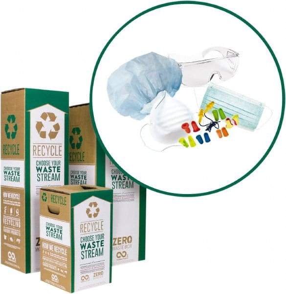 TerraCycle - 35 Gal Green & White Rectangle Recycling Container - Cardboard with Plastic Liner, Recycle Symbol, Safety Equipment and Protective Gear Graphic, 37" High x 15" Long x 15" Wide, Lid Included - Apex Tool & Supply