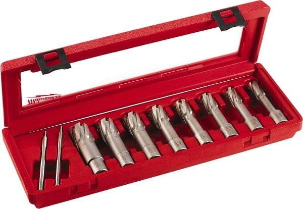 Milwaukee Tool - 8 Piece, 9/16 to 1-1/16" Cutter Diam, 2" Cutting Depth, Carbide-Tipped Annular Cutter Set - 9/16, 5/8, 11/16, 3/4, 13/16, 7/8, 15/16, 1-1/16" Cutter Diam - Apex Tool & Supply