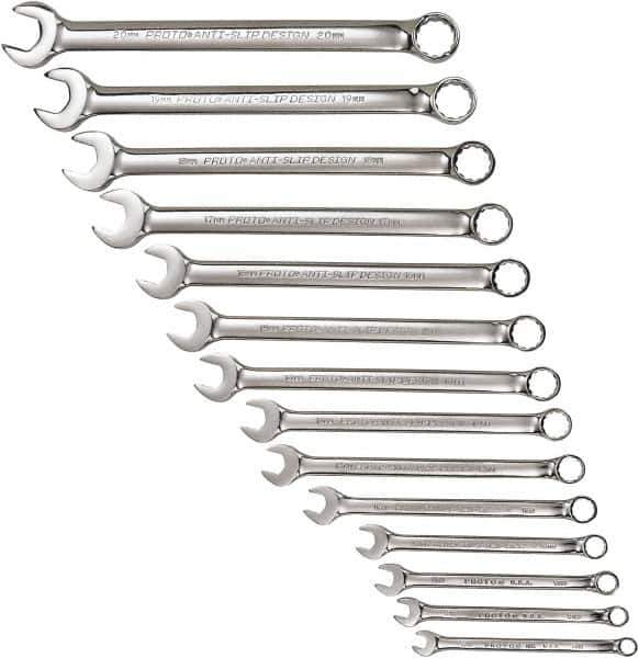 Proto - 14 Piece, 7mm to 20mm, 12 Point Combination Wrench Set - Metric Measurement Standard, Full Polish Chrome Finish, Comes in Tool Roll - Apex Tool & Supply
