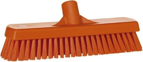 Vikan - 1.7" Bristle Length, Polyester Scrub Brush - 11-1/4" Long x 3" Wide Head, 12" OAL, European Threaded Handle, Orange, Polypropylene Block - Apex Tool & Supply