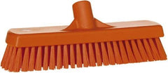 Vikan - 1.7" Bristle Length, Polyester Scrub Brush - 11-1/4" Long x 3" Wide Head, 12" OAL, European Threaded Handle, Orange, Polypropylene Block - Apex Tool & Supply
