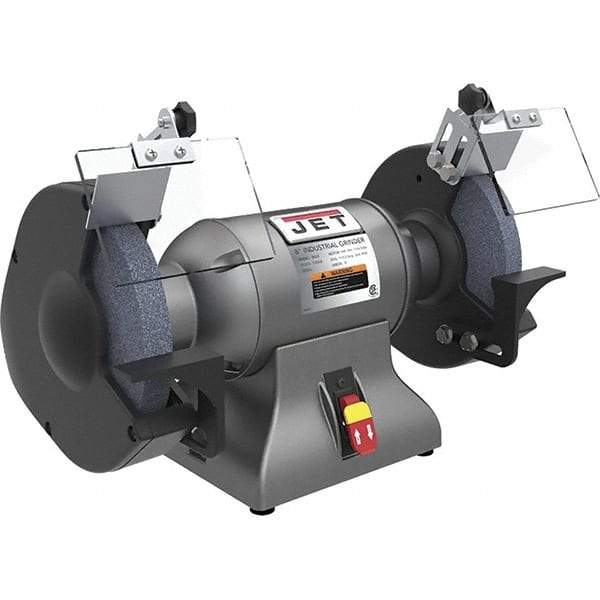 Jet - 8" Wheel Diam x 1" Wheel Width, 1 hp Grinder - 0.63" Arbor Hole Diam, 1 Phase, 3,450 Max RPM, 115 Volts - Apex Tool & Supply
