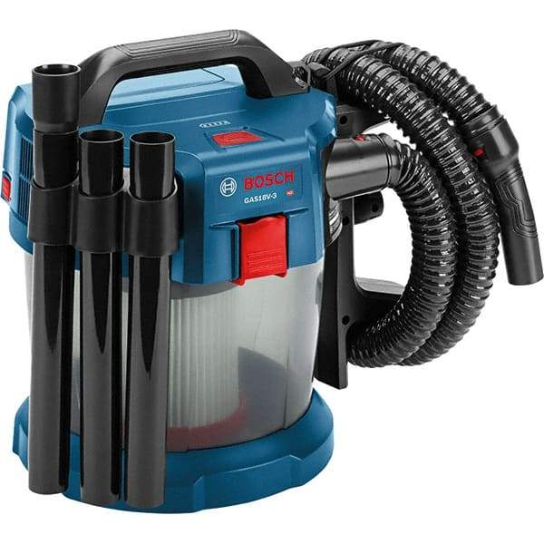Bosch - 2.6 Gal Plastic Tank, Battery Powered Wet/Dry Vacuum - 18 Volt, 6.3 Amps, 5-1/4' Hose Fitting, Cordless - Apex Tool & Supply