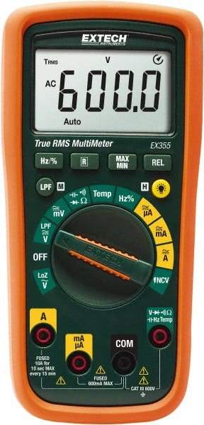 Extech - EX355, CAT III, 600 VAC/VDC, Digital True RMS Multimeter - 60 mOhm, Measures Voltage, Capacitance, Current, Frequency, Resistance, Temperature - Apex Tool & Supply