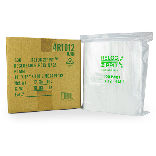 10″ × 12″ 4-MIL Clear Reloc Zippit Zipper Bags , Sold per Case of 500 (5 boxes of 100 per case)