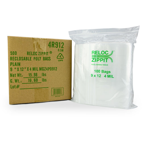 9″ × 12″ 4-MIL Clear Reloc Zippit Zipper Bags , Sold per Case of 500 (5 boxes of 100 per case)